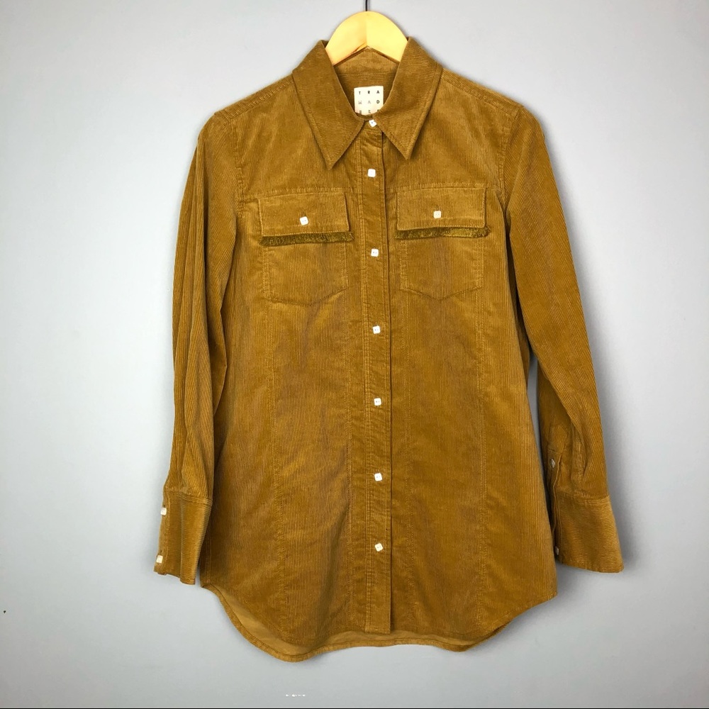 TRA MAD RKE women’s corduroy button Down shirt size 4 long sleeve mustard color